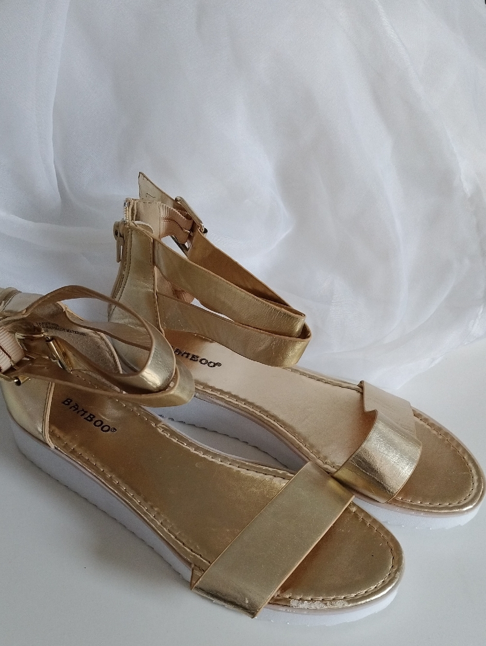 BAMBOO Metallic Gold Ankle-Strap Flat Sandals